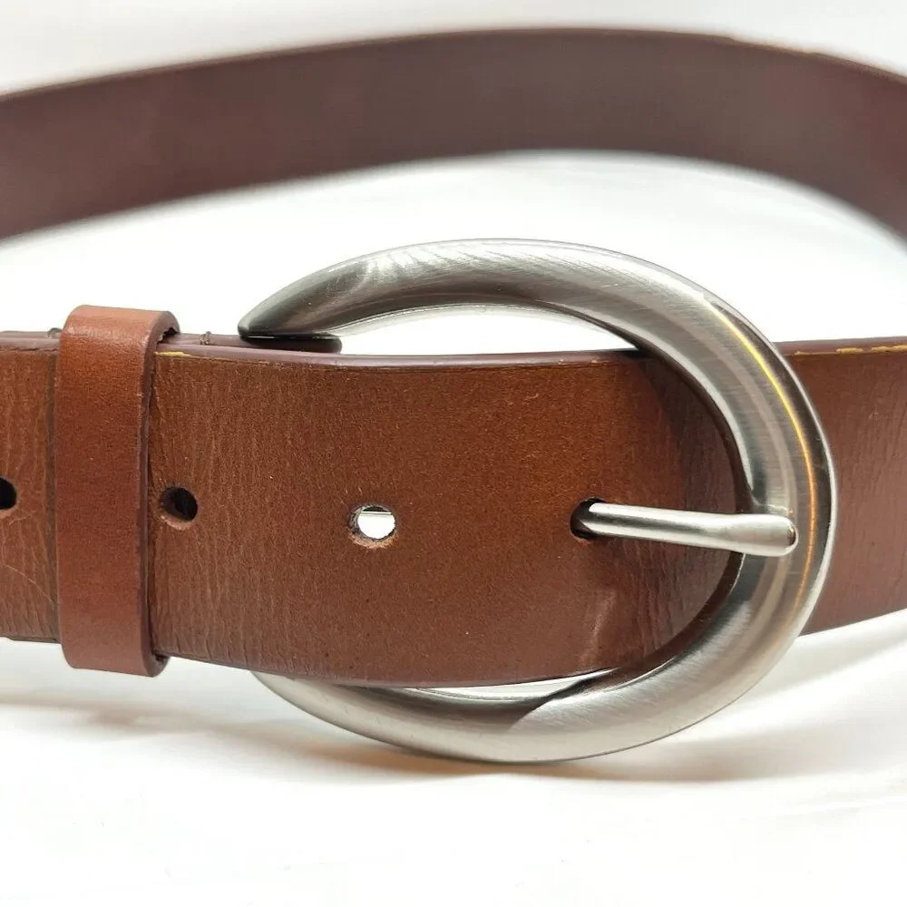 TALBOTS LEATHER BELT Brown Genuine Leather Silver Oval Buckle Large USA